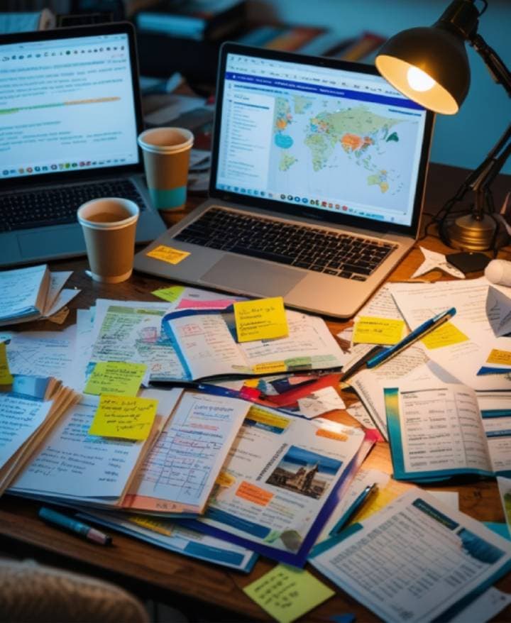 Cluttered desk with overwhelming work and research materials